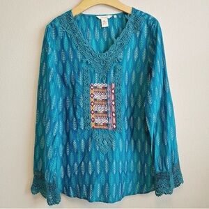 Sundance boho Crochet Trim Teal Women's Top embroidered small